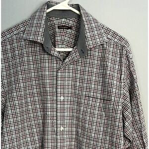 J McLaughlin Shirt Mens L Red Blue‎ Plaid Long Sleeve Button Dn. Egyptian Cotton